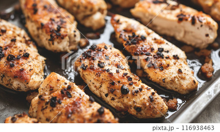 Grilled Chicken Breasts Cooked to Perfection on a Baking Sheet in a Cozy Kitchen Grilled Chicken Breasts Cooked to Perfection on a Baking Sheet in a Cozy Kitchen 116938463