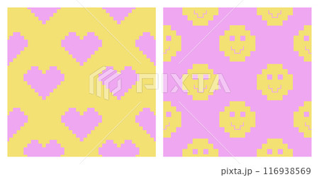 Pixel Y2k retro seamless pattern set. 90s trendy playful art. Hearts, smile in yellow and pink colours. 8bit aesthetics vector illustration. Naive Simple geometric form. Funny colored vector Pixel Y2k retro seamless pattern set. 90s trendy playful art. Hearts, smile in yellow and pink colours. 8bit aesthetics vector illustration. Naive Simple geometric form. Funny colored vector 116938569