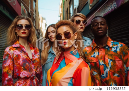 Group of young people in colorful summer outfits, in urban setting, summer morning in the city 116938885