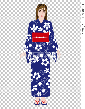 一般人モデル風の普通の体型の女性のモデルが浴衣でポーズをしているイラスト・浴衣美人06 116938921