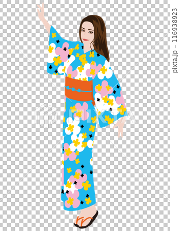 一般人モデル風の普通の体型の女性のモデルが浴衣でポーズをしているイラスト・浴衣美人04 一般人モデル風の普通の体型の女性のモデルが浴衣でポーズをしているイラスト・浴衣美人04 116938923