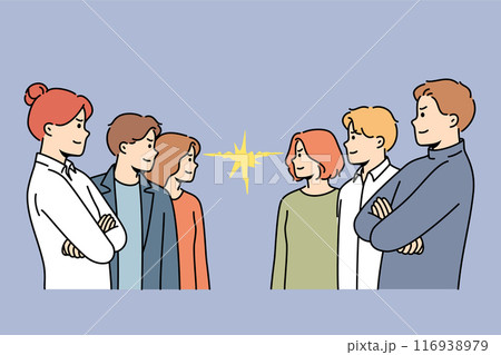 Groups of competing office workers look at each other demonstrating courage and readiness to fight Groups of competing office workers look at each other demonstrating courage and readiness to fight 116938979