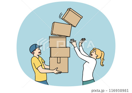Man courier carries stack of boxes and drops one of parcels standing near woman recipient of order Man courier carries stack of boxes and drops one of parcels standing near woman recipient of order 116938981