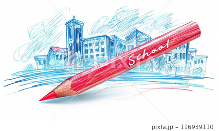 Red pencil drawing a school building, symbolizing education, creativity, and academic concepts 116939110
