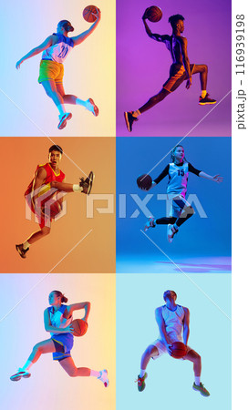 Basketball athletes training in motion to in neon light against vibrant colorful background. Different kinds of sport. 116939198