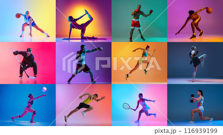 Vibrant collage showcasing athletes in various sports practicing in neon light against vibrant colorful background. 116939199