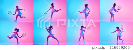 Collage made of dynamic photos of tennis athlete training serving and hitting ball in neon light against vibrant colorful background. Collage made of dynamic photos of tennis athlete training serving and hitting ball in neon light against vibrant colorful background. 116939200