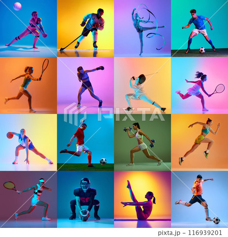 Dynamic collage of athletes in action across various sports training in neon light against vibrant colorful background. 116939201