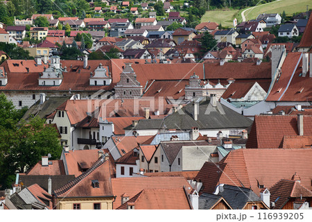 Cityscape of historic centre of Cesky Krumlov, popular tourist destination in south Bohemia region of Czech Republic 116939205