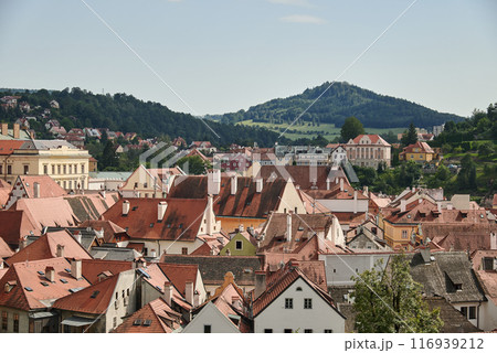 Cityscape of historic centre of Cesky Krumlov, popular tourist destination in south Bohemia region of Czech Republic 116939212