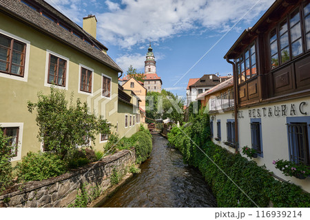 Cityscape of historic centre of Cesky Krumlov, popular tourist destination in south Bohemia region of Czech Republic 116939214