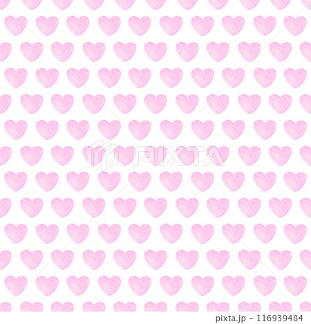 Watercolor pastel pink hearts seamless pattern. Hand drawn hearts background for digital paper, textile and fabric texture. Cute funny design. Pink hearts on white 116939484