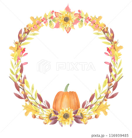 Watercolor hand drawn autumn wreath with pumpkin, sunflower, oak leaf, orange leaves isolated on white background, red berries. Fall frame. Autumn decoration. 116939485