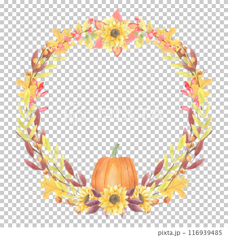 Watercolor hand drawn autumn wreath with pumpkin, sunflower, oak leaf, orange leaves isolated on white background, red berries. Fall frame. Autumn decoration. 116939485