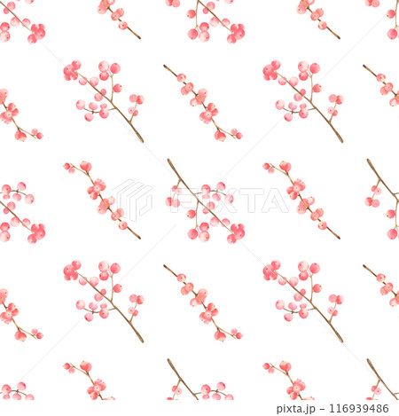 Watercolor hand drawn autumn seamless pattern with red berries on white background. Fall endless pattern with rowan. Scrapbook paper. Pattern for fabric, wrapping paper. Digital paper 116939486