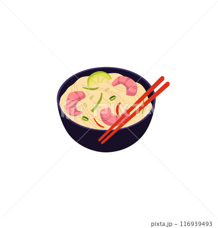Noodles in bowl with chopsticks vector icon, Chinese pasta with shrimps, vegetable, lemon and spices, Asian cuisine menu 116939493