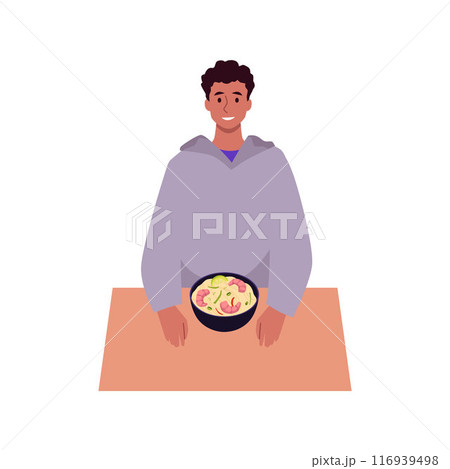 Vector drawing a young guy enjoying a dish of spicy Asian noodles garnished with shrimp 116939498