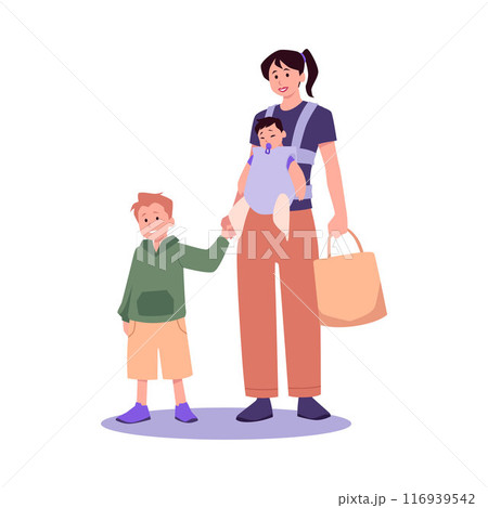 Vector illustration mother with a sleeping daughter in a sling holding her son's hand 116939542