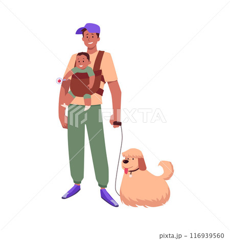 Happy young father carrying baby with beanbag in sling, vector cartoon man parent walking with infant in carrier and dog 116939560