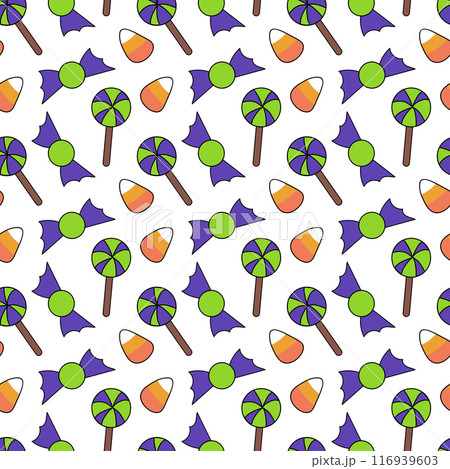 Seamless pattern with green and purple Halloween candies and lollipops, corns. Vector flat illustration. 116939603