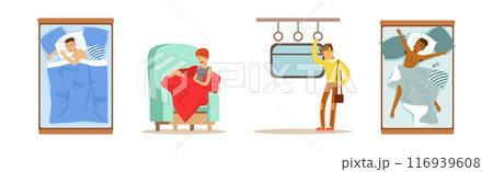 People Character Sleeping in Bed, Armchair and Public Transport Vector Set People Character Sleeping in Bed, Armchair and Public Transport Vector Set 116939608
