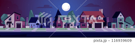 Suburban street in the night vector illustration, cityscape houses and road on full moon light, real estate buildings Suburban street in the night vector illustration, cityscape houses and road on full moon light, real estate buildings 116939609