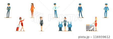 Man and Woman Aircraft Crew Staff and Team Member Character Vector Set Man and Woman Aircraft Crew Staff and Team Member Character Vector Set 116939612