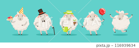 Wooly White Sheep Character Engaged in Different Activity Vector Set 116939634