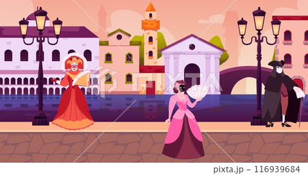 Medieval town street with Venice carnival characters, vector people in masquerade costume and mask, Venetian festival Medieval town street with Venice carnival characters, vector people in masquerade costume and mask, Venetian festival 116939684
