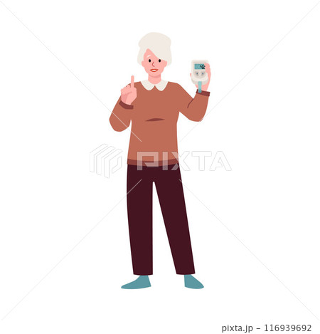 Elderly woman showing glucose level test glucometer vector illustration, health care monitoring, diagnosis of diabetes 116939692