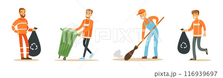 Man Janitor and Garbage Collector Cleaning Street Vector Set 116939697