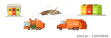 Street Dump Truck Pick Garbage and Litter Vector Set 116939698