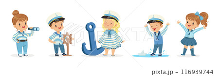 Little Children Sailor in Striped Shirt and Cap Vector Set 116939744