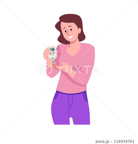 Woman doing glucose level test using a glucometer vector flat illustration, health care monitoring diagnosis of diabetes Woman doing glucose level test using a glucometer vector flat illustration, health care monitoring diagnosis of diabetes 116939761