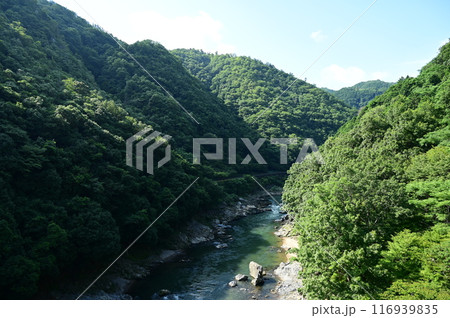 保津峡駅のホームから眺める保津川（桂川）の景色 116939835