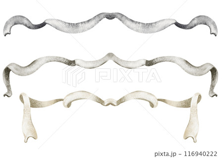 Watercolor ribbon illustration with a vintage flair. Adding a touch of elegance to your Christmas decorations. Royal style tape with a wavy design. Hand-drawn, curly ribbon graphic in various colors. Watercolor ribbon illustration with a vintage flair. Adding a touch of elegance to your Christmas decorations. Royal style tape with a wavy design. Hand-drawn, curly ribbon graphic in various colors. 116940222