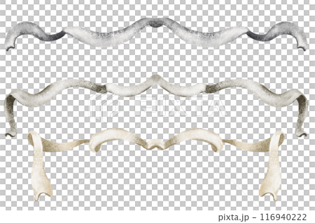 Watercolor ribbon illustration with a vintage flair. Adding a touch of elegance to your Christmas decorations. Royal style tape with a wavy design. Hand-drawn, curly ribbon graphic in various colors. Watercolor ribbon illustration with a vintage flair. Adding a touch of elegance to your Christmas decorations. Royal style tape with a wavy design. Hand-drawn, curly ribbon graphic in various colors. 116940222