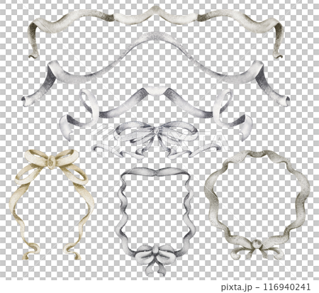 Watercolor frame ribbon bow Victorian style. Christmas and wedding decoration for cards, invitations. Elegant symmetrical wavy ribbons in vintage style. Watercolor frame ribbon bow Victorian style. Christmas and wedding decoration for cards, invitations. Elegant symmetrical wavy ribbons in vintage style. 116940241