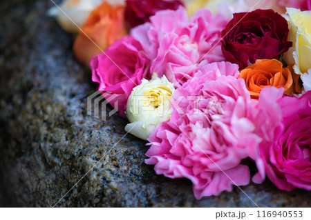 色とりどりの花を浮かべた花手水 色とりどりの花を浮かべた花手水 116940553