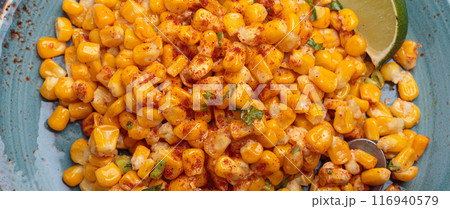 Esquites mexican street corn salad with chili, cilantro and lime juice 116940579