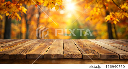 Wooden tabletop against the background of an autumn forest, blurred background with copy space Wooden tabletop against the background of an autumn forest, blurred background with copy space 116940730