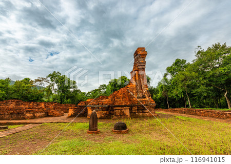 View of My Son Sanctuary among green woods in Quang Nam, Vietnam. 116941015