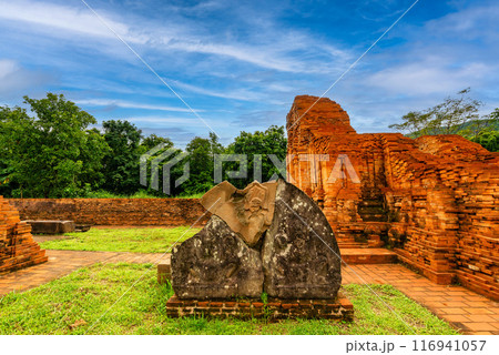 View of My Son Sanctuary among green woods in Quang Nam, Vietnam. View of My Son Sanctuary among green woods in Quang Nam, Vietnam. 116941057
