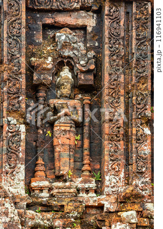 View of My Son Sanctuary among green woods in Quang Nam, Vietnam. 116941103
