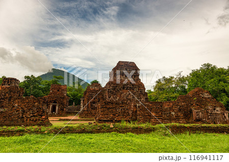 View of My Son Sanctuary among green woods in Quang Nam, Vietnam. 116941117