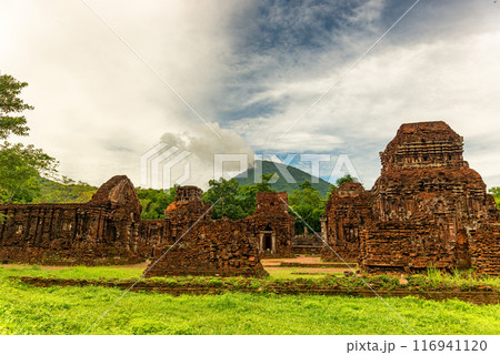 View of My Son Sanctuary among green woods in Quang Nam, Vietnam. 116941120