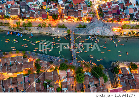 Aerial drone view of Hoi An city, Vietnam. Ancient town, UNESCO world heritage, at Quang Nam province. Aerial drone view of Hoi An city, Vietnam. Ancient town, UNESCO world heritage, at Quang Nam province. 116941277