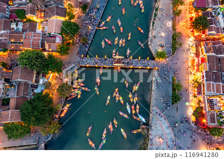 Aerial drone view of Hoi An city, Vietnam. Ancient town, UNESCO world heritage, at Quang Nam province. Aerial drone view of Hoi An city, Vietnam. Ancient town, UNESCO world heritage, at Quang Nam province. 116941280