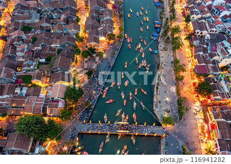 Aerial drone view of Hoi An city, Vietnam. Ancient town, UNESCO world heritage, at Quang Nam province. Aerial drone view of Hoi An city, Vietnam. Ancient town, UNESCO world heritage, at Quang Nam province. 116941282