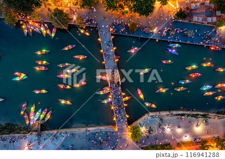 Aerial drone view of Hoi An city, Vietnam. Ancient town, UNESCO world heritage, at Quang Nam province. Aerial drone view of Hoi An city, Vietnam. Ancient town, UNESCO world heritage, at Quang Nam province. 116941288
